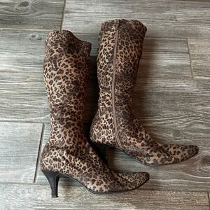 Impo Stretch Women's Leopard Print Knee High Boots Kitten Heel Zip Size 6.5M